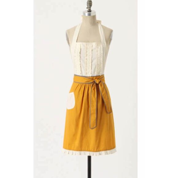 Anthropologie EUC Vintage Yellow Cream Ruffle Apron - Picture 1 of 5